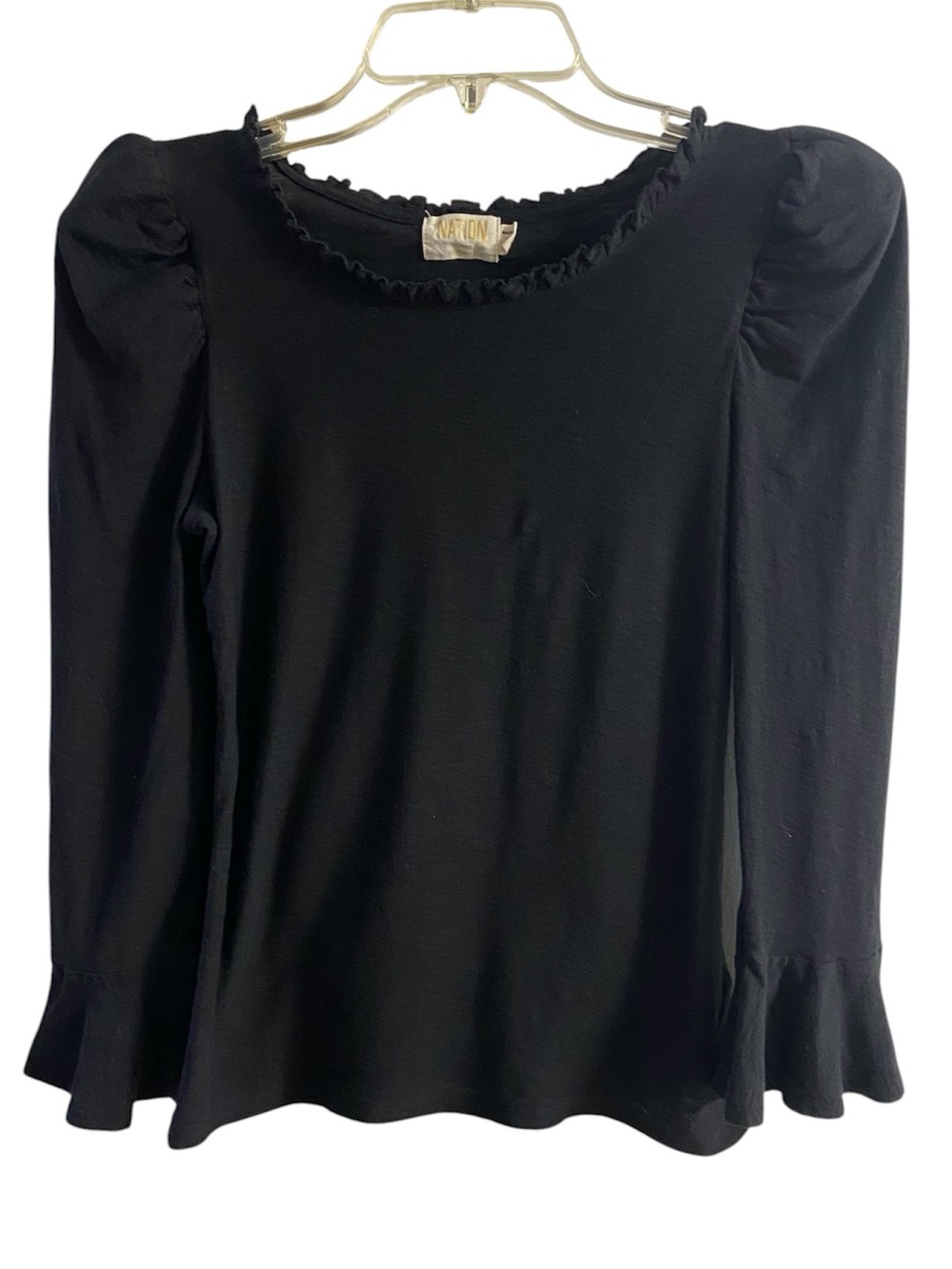 Nation LTD Black Ruffle Trim Puff Sleeve Top Pima cotton XS